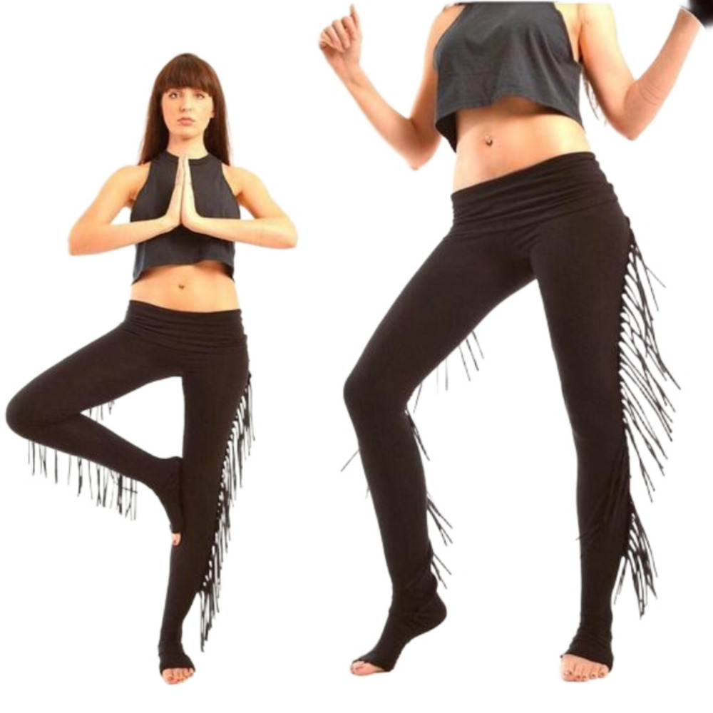 Extra Long Black Fringe Leggings - Yoga Workout Pants Boho Rocker Hippie Style